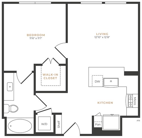 A black and white image of a floor plan for a bedroom, living room, kitchen, and walk-in closet.